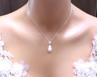 bridal jewelry wedding jewelry pearl necklace weddding bridal round cubic zirconia light cream shell teardrop necklace with silver chain