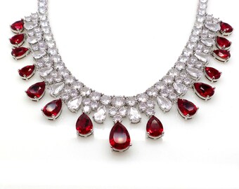 wedding jewelry prom bridal necklace pageant clear white multi shape cubic zirconia statement rhodium siam red fancy crystal teardrop