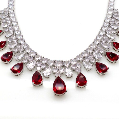 Wedding shops jewelry prom bridal necklace pageant clear white multi shape cubic zirconia statement rhodium siam red fancy crystal teardrop