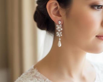 bridal earrings wedding jewelry platinum shell pearl earrings Clear white teardrop cubic zirconia cz post white cream pearl crystal cluster