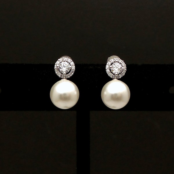Bridal Jewelry wedding earrings bridesmaid prom party gift christmas 8mm fancy white or cream pearl round cubic zirconia post earrings