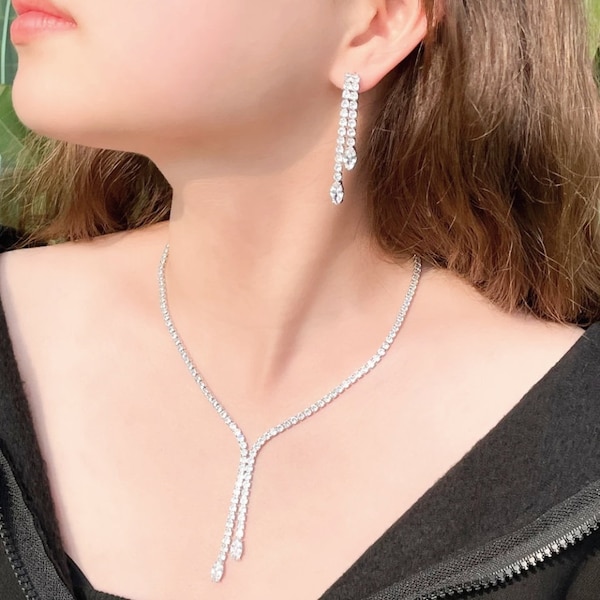 bridal necklace wedding jewelry bridesmaid prom party necklace 3mm round marquise rhodium silver cubic zirconia collar choker earrings set