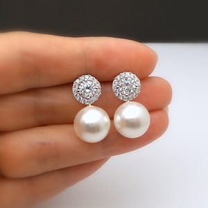 Bridal Jewelry wedding earrings bridesmaid prom party gift christmas 12mm white or cream crystal pearl round cubic zirconia post earrings