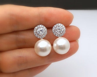 Bridal Jewelry wedding earrings bridesmaid prom party gift christmas 12mm white or cream crystal pearl round cubic zirconia post earrings