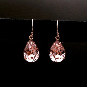 bridesmaid gift prom fancy vintage rose blush pink teardrop foiled crystal rhinestone  simple 14k rose gold-filled fish hook earrings