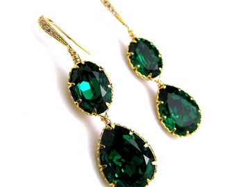 fancy emerald green teardrop foiled crystal rhinestone drop with cubic zirconia deco gold vermeil hook - Free US shipping