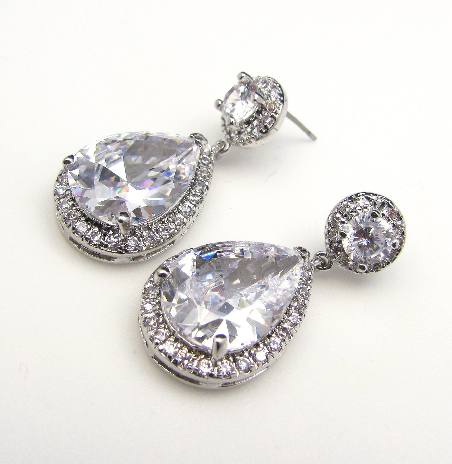 bridal wedding earrings bridesmaid gift christmas party prom pageant Clear white teardrop AAA cubic zirconia on round rhodiun halo cz post