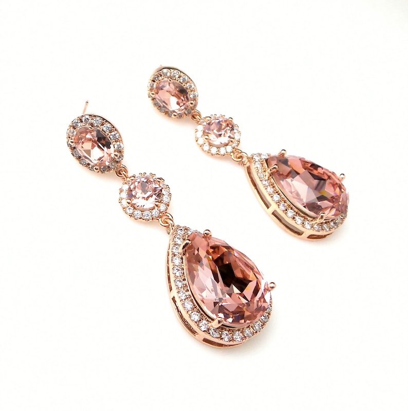 wedding jewelry bridal earrings bridesmaid gift teardrop fancy vintage rose blush pink crystal rhinestone oval cz post rose gold frame image 3