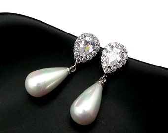 Clip On wedding bridal jewelry bridesmaid gift prom pear teardrop off white or light cream shell pearl cubic zirconia deco teardrop earrings