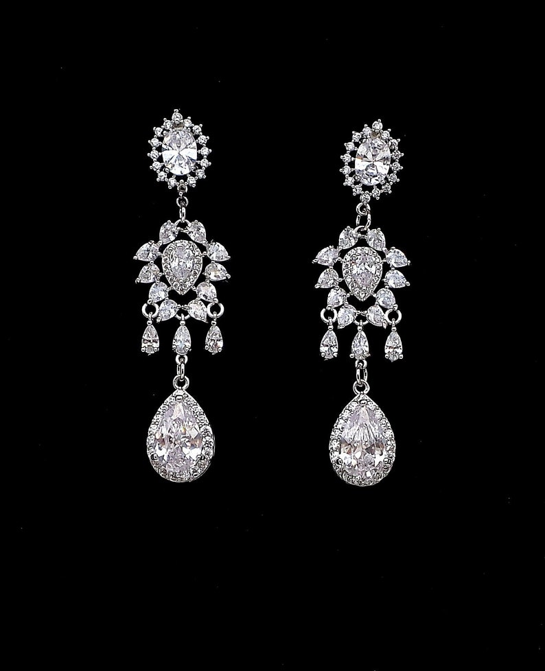 wedding bridal jewelry christmas bridesmaid prom gift party pageant Clear white teardrop cubic zirconia oval halo cz rhodium post earrings