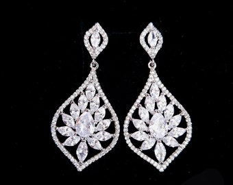 bridal jewelry wedding christmas Bridesmaid jewelry prom party gift Clear white teardrop AAA cubic zirconia post halo rhodium earrings