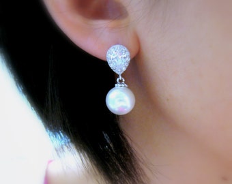 Bridal wedding earrings bridemaid gift 12mm off white pearl earrings with teardrop cubic zirconia post earrings