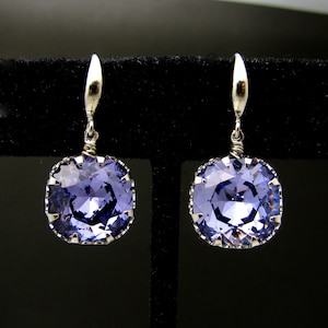 bridesmaid gift prom party fancy  tanzanite blue purple square vintage style foiled crystal rhinestone with white gold hook earrings.