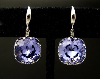 bridesmaid gift prom party fancy  tanzanite blue purple square vintage style foiled crystal rhinestone with white gold hook earrings.