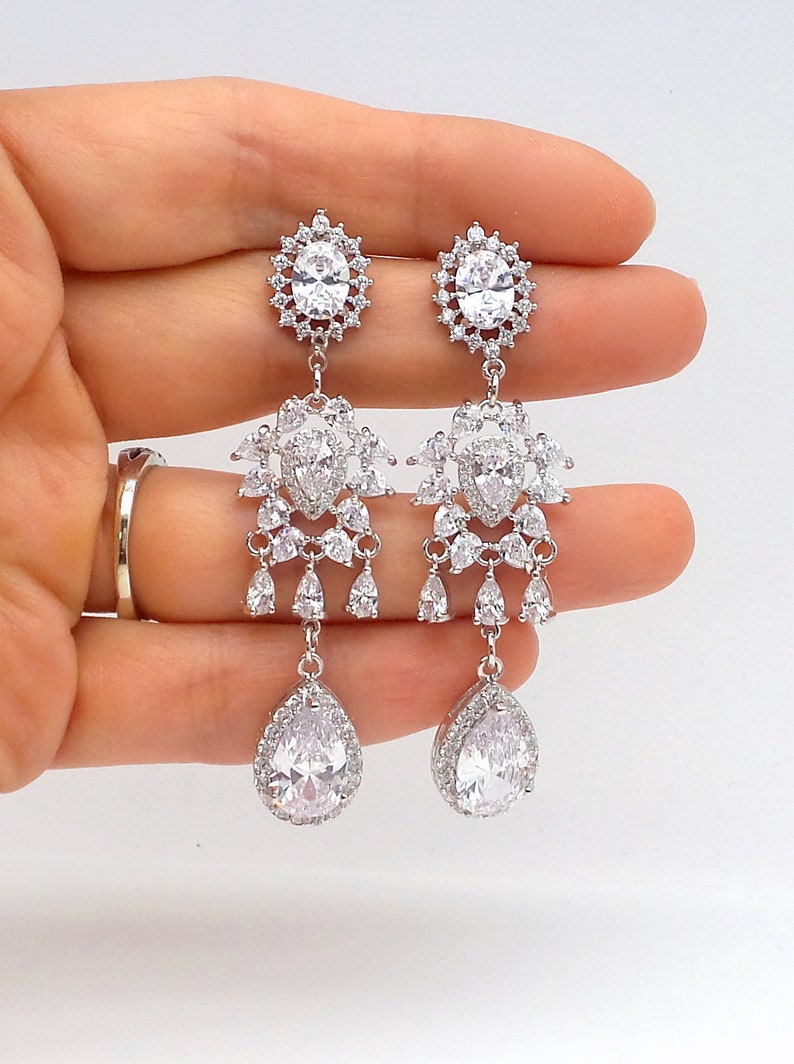 wedding bridal jewelry christmas bridesmaid prom gift party pageant Clear white teardrop cubic zirconia oval halo cz rhodium post earrings
