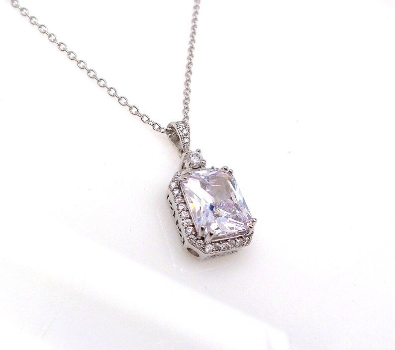 Bridal wedding jewelry bridesmaid gift prom party AAA cubic zirconia cz clear white vintage rectangle emerald cut rhodium silver necklace