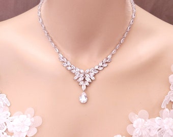 Bridal wedding prom party bib necklace clear white cubic zirconia luxury white gold rhodium cluster multi shape statement chunky marquise