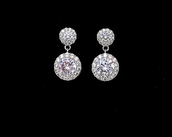 bridal earrings bridesmaid prom party gift wedding jewelry Clear white double halo drop cubic round solitaire cubic zirconia post earrings
