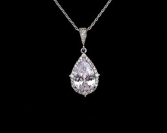 wedding bridal jewelry pendant necklace bridesmaid gift party prom christmas Sterling silver necklace pave AAA cubic zirconia teardrop