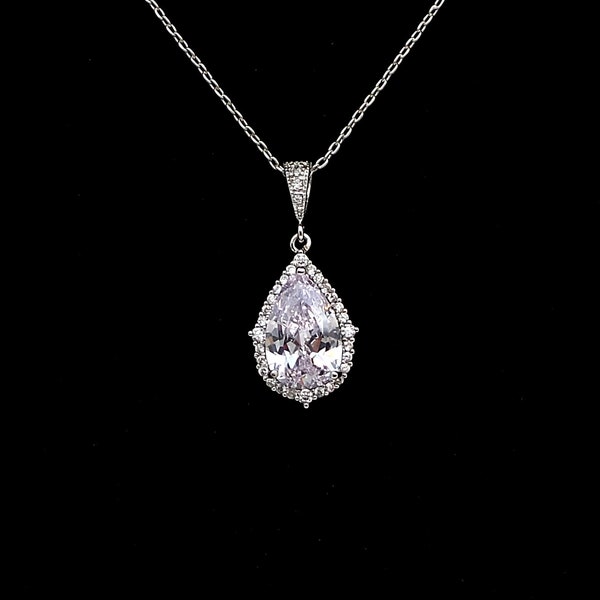 wedding bridal jewelry pendant necklace bridesmaid gift party prom christmas Sterling silver necklace pave AAA cubic zirconia teardrop