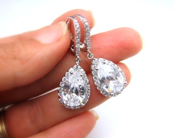 Sterling silver lever back bridal wedding jewelry christmas prom party bridesmaid gift clear white teardrop cubic zirconia rhodium  earrings