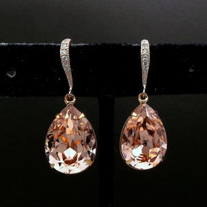 Pendientes de gancho de oro rosa con cristales laminados en forma de lágrima, con circonita cúbica, para dama de honor, para graduación, estilo vintage, elegante, con forma de rosa ruborizada.