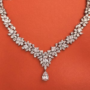 Bridal wedding necklace clear white cubic zirconia luxury white gold rhodium cluster multi shape statement chunky necklace