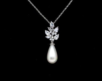 bridal jewelry wedding pearl necklace white or light cream shell teardrop necklace with silver chain cubic zirconia multishape cluster deco