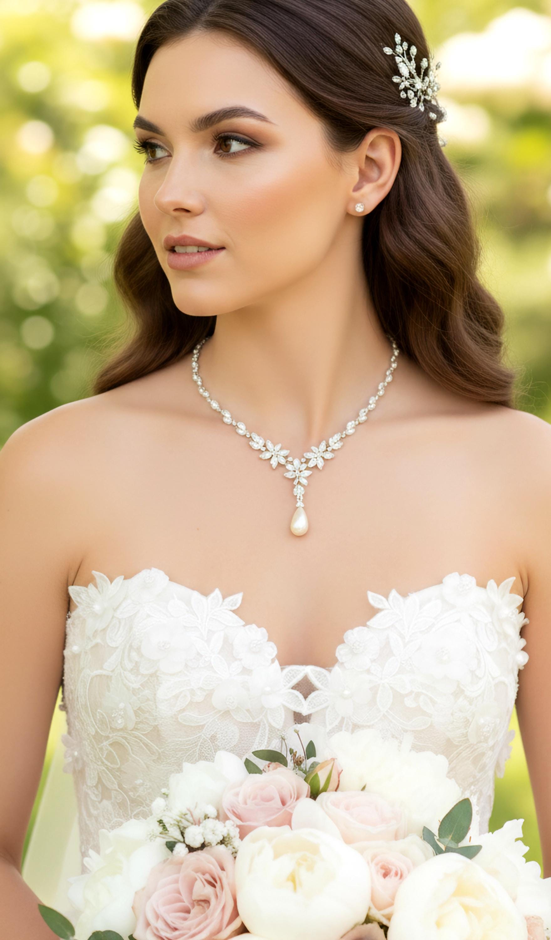 Bridal Jewelry Wedding Pearl Necklace Soft White Pear Crystal