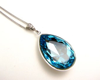 fancy aquamarine light blue vintage teardrop foiled crystal rhinestone pendant with white gold plated chain necklace- Free US shipping