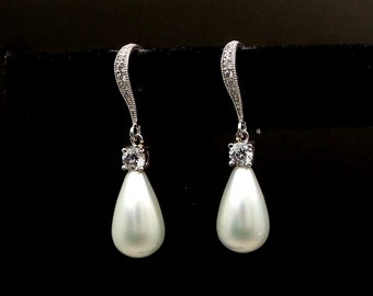 STERLING SILVER hook Bridal jewelry wedding jewelry bridal earrings cubic zirconia hook white cream teardrop shell pearl earrings bridesmaid