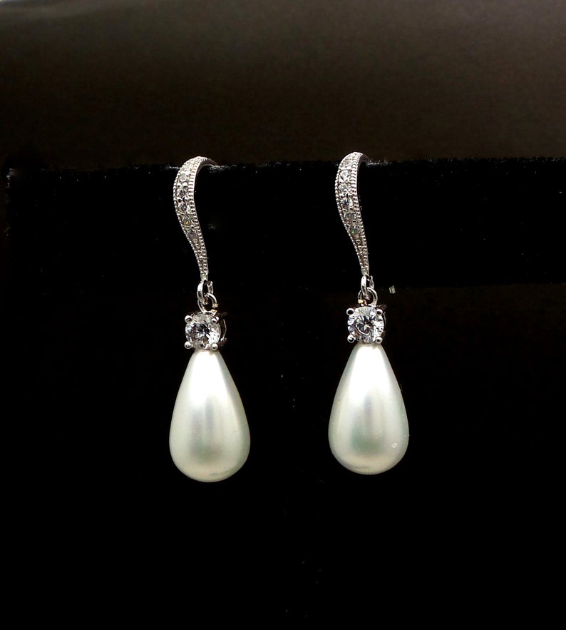 STERLING SILVER hook Bridal jewelry wedding jewelry bridal earrings cubic zirconia hook white cream teardrop shell pearl earrings bridesmaid image 2