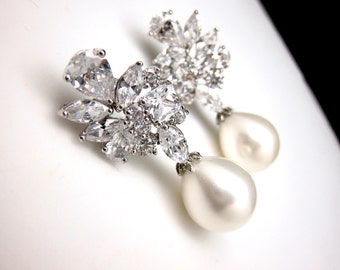 wedding jewelry bridal earrings christmas bridesmaid gift prom cubic zirconia multi shape cluster post earrings white teardrop shell pearl