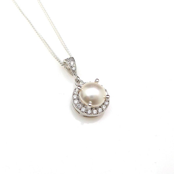 wedding jewelry bridal necklace prom bridesmaid party white cream 8mm half round pearl drop halo silver necklace silver chain