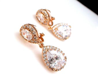 CLIP-ONS wedding bridal jewelry bridesmaid prom gift party pageant Clear white teardrop cubic zirconia teardrop cz rose gold post earrings