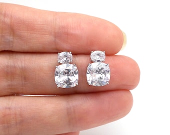 wedding bridal christmas bridesmaid prom gift party jewelry square cushion cut aaa cubic zirconia post stud oval rhodium silver earrings