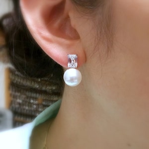 Bridal earrings bridesmaid gift wedding jewelry crystal round 12mm white or cream pearl cubic zirconia rectangle emerald cut post earrings