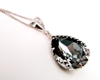 fancy silver night vintage teardrop foiled pendant with sterling silver chain necklace- Free US shipping