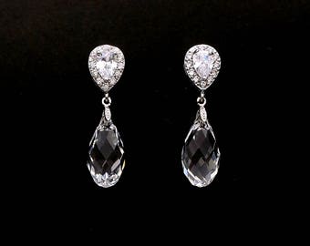 bridal earrings wedding earrings bridal jewelry teardrop fancy clear crystal briolette with cubic zirconia teardrop rhodium earring post
