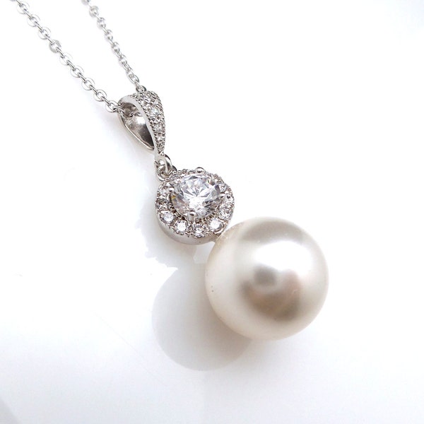 wedding jewelry bridal necklace prom bridesmaid party white or cream 12mm fancy round pearl drop necklace with sterling silver chain