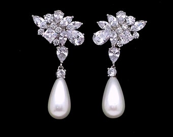 Clip On wedding bridal jewelry bridesmaid gift prom pear teardrop light cream shell pearl multi shape cluster cubic zirconia deco earrings