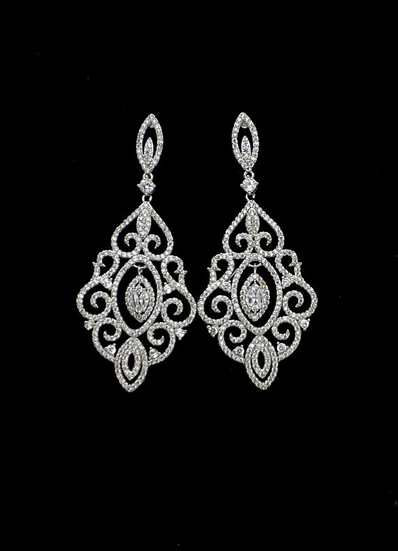 Micro Pave Cubic Zirconia Dangle Earrings with Ribbon Drop Teardrop Rhodium on Sterling Silver - Non Micro Pave Cubic Zirconia Dangle Earrings with Ribbon Drop Teardrop Rhodium on Sterling Silver - Non