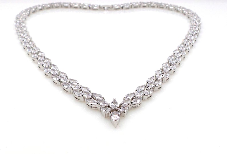 Bridal wedding jewelry necklace prom party AAA clear white cubic zirconia luxury white gold rhodium marquise collar v shape tennis necklace image 3