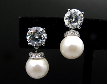 Bridal earrings wedding earrings bridal jewelry simple elegant  10mm white pearl on cubic zirconia earring solitaire post