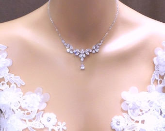 wedding jewelry bridal necklace prom party bridesmaid rhodium silver chain cubic zirconia necklace clear white marquise collar dainty choker