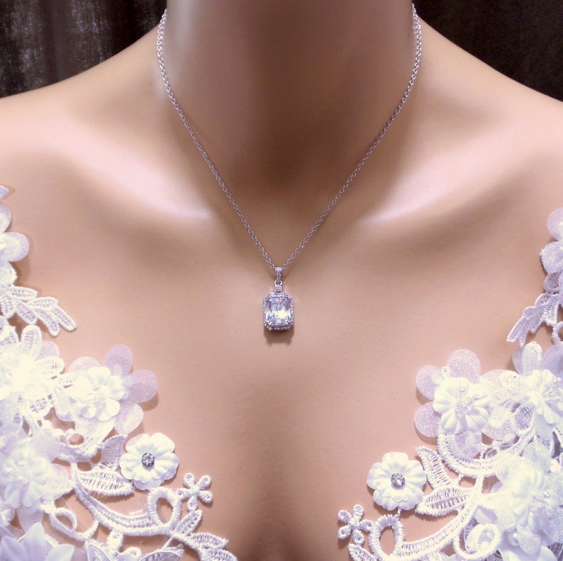 Bridal wedding jewelry bridesmaid gift prom party AAA cubic zirconia cz clear white vintage rectangle emerald cut rhodium silver necklace