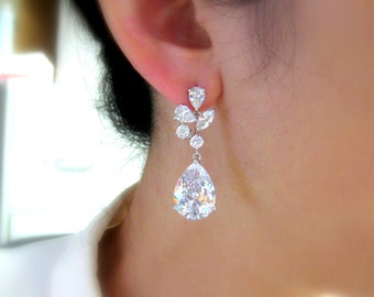 Wedding jewelry bridal party prom christmas gift multi shape cluster AAA cubic zirconia post drop earrings vine rhodium bold statement post