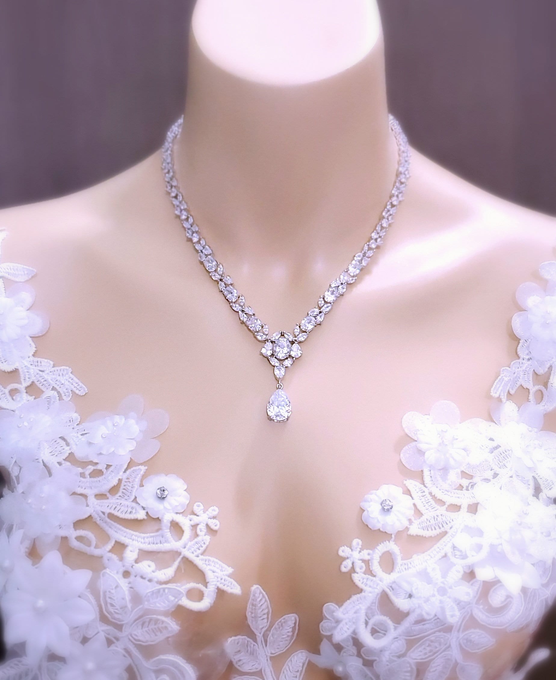 Bridal Jewelry Necklace Wedding Marquise Multi Shape Clear White AAA Cubic  Zirconia Y Shape Cluster Rhodium Silver Teardrop Necklace -  Denmark