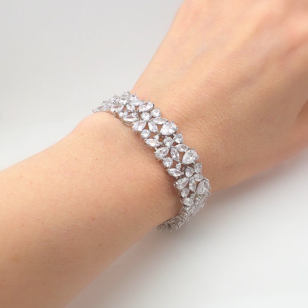 bridal jewelry bracelet prom wedding bracelet wedding jewelry pageant bold statement Clear white AAA cubic zirconia multi shape cuff bangle