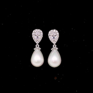 wedding bridal jewelry bridesmaid gift prom pear teardrop soft white shell pearl cubic zirconia deco teardrop post or clip on earrings